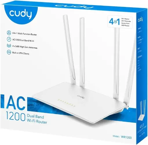 Cudy WR1200 AC1200 Dual-Band Wi-Fi Router & Extender – 4 High-Gain Antennas, 5 Ethernet Ports, 40 Devices, 100m² Coverage, Multiple Modes, App Control